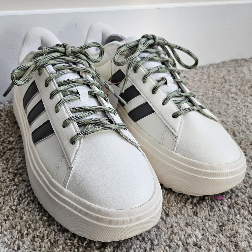 adidas Women's Cream Sneakers with Gray Stripes and Olive Laces